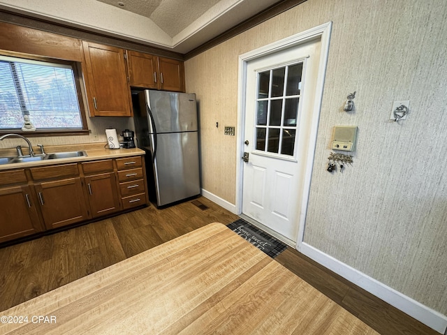 kitchen with dark hardwood / wood-style flooring, stainless steel refrigerator, lofted ceiling, and sink