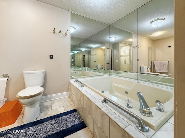 bathroom featuring tile patterned floors, plus walk in shower, a textured ceiling, and toilet