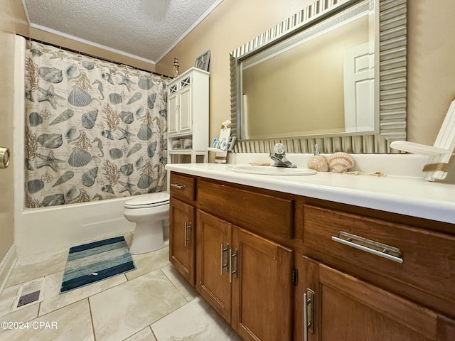 full bathroom featuring ornamental molding, vanity, a textured ceiling, shower / bathtub combination with curtain, and toilet