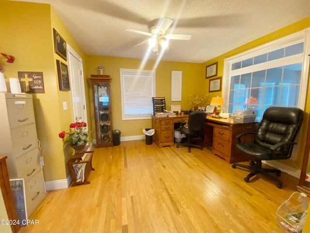 office with ceiling fan, a textured ceiling, and light wood-type flooring