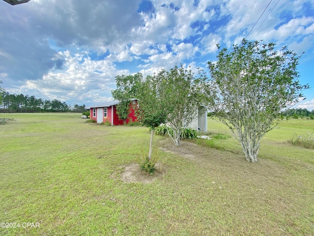 view of yard featuring a rural view and an outdoor structure