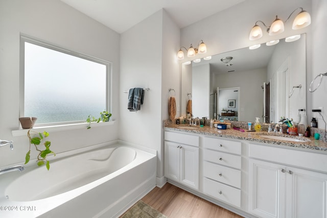 bathroom with a bathing tub, wood-type flooring, and double sink vanity