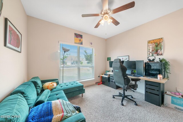 office area with carpet floors and ceiling fan