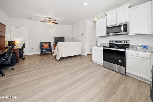 kitchen with white cabinetry, light wood-type flooring, light stone counters, ceiling fan, and stainless steel appliances