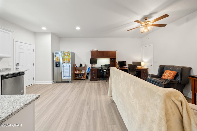 living room featuring light wood-type flooring and ceiling fan