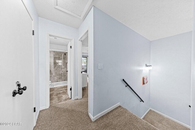 hall featuring light carpet and a textured ceiling