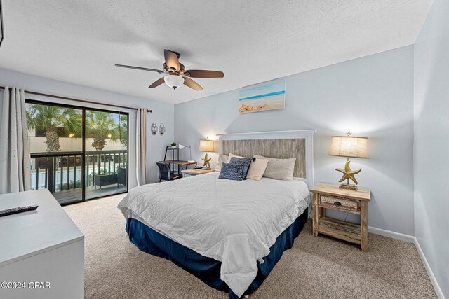 bedroom with light carpet, a textured ceiling, access to outside, and ceiling fan