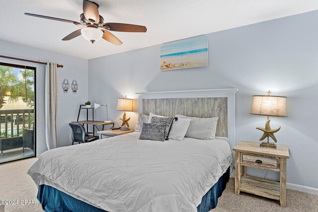 carpeted bedroom with access to exterior and ceiling fan