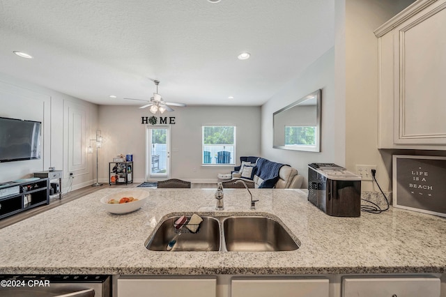 kitchen with dishwasher, sink, ceiling fan, light stone counters, and wood-type flooring