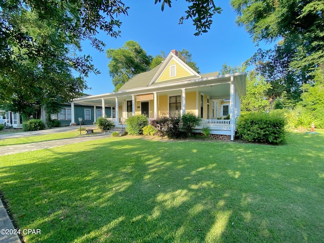 country-style home with covered porch and a front yard