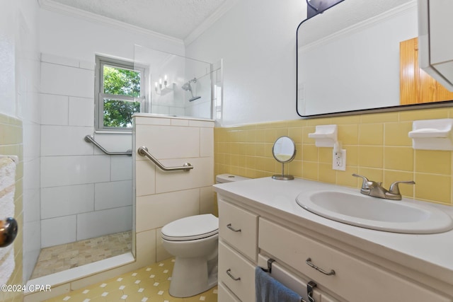 bathroom with tile flooring, tiled shower, tile walls, backsplash, and toilet