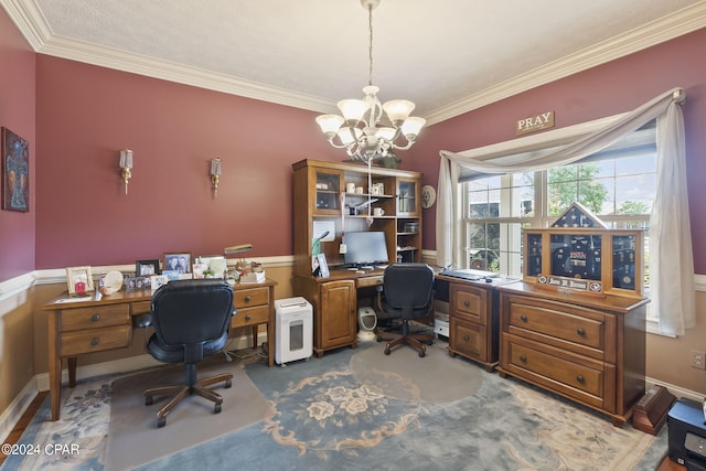 office area featuring crown molding and a chandelier