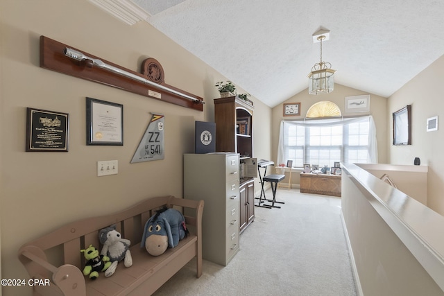 interior space featuring a textured ceiling, light carpet, a chandelier, and vaulted ceiling