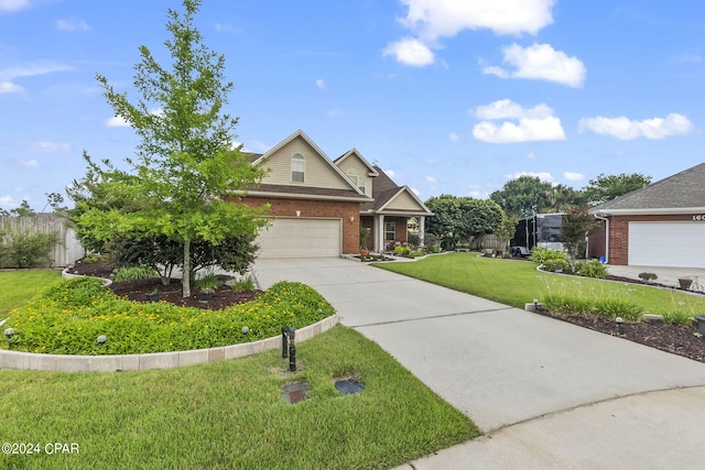 craftsman inspired home featuring a garage and a front yard