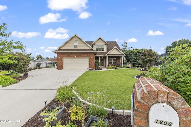 craftsman-style home featuring a front yard and a garage