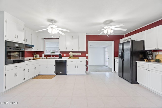 kitchen featuring black appliances, light tile patterned floors, white cabinets, and ceiling fan