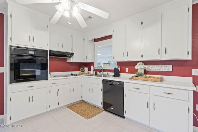 kitchen with white cabinets, range hood, ceiling fan, sink, and black appliances