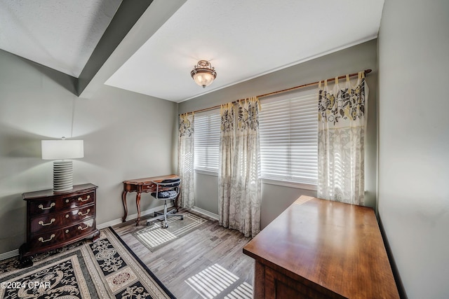 office with hardwood / wood-style floors and a textured ceiling