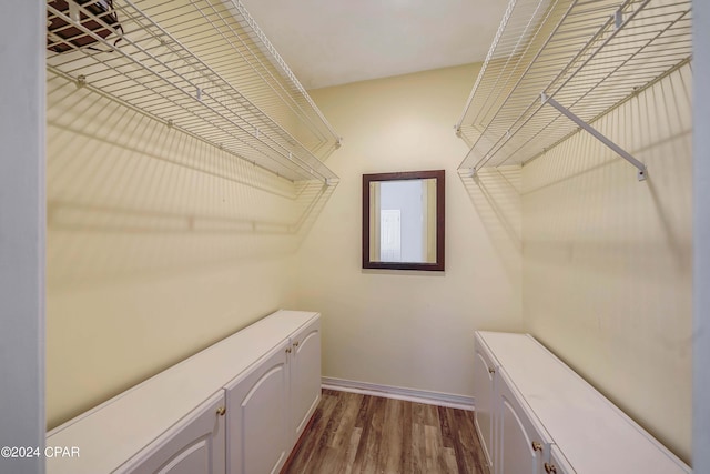 walk in closet with dark wood-type flooring