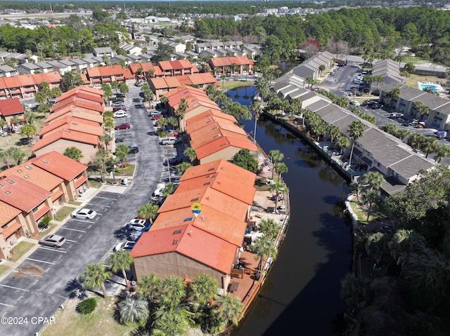 bird's eye view with a water view