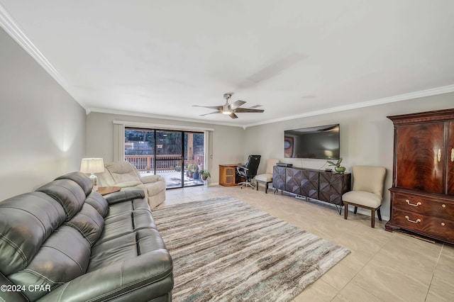 living room with ceiling fan, light tile patterned flooring, and crown molding