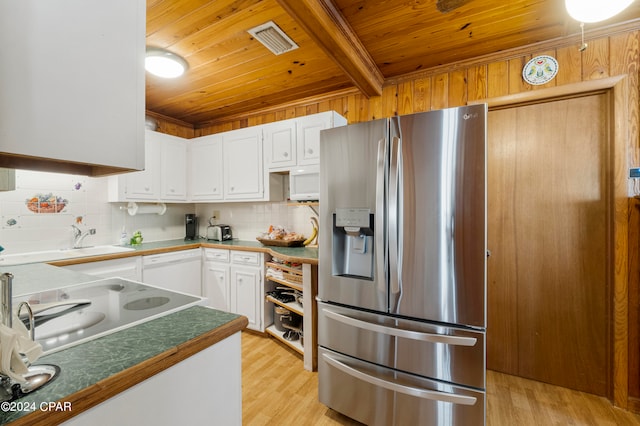 kitchen with white cabinets, sink, light hardwood / wood-style flooring, stainless steel fridge with ice dispenser, and dishwasher