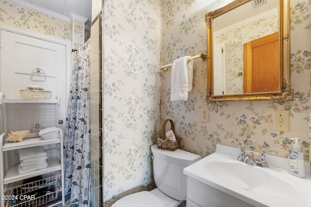 17842 Lynn St, Panama City Beach, FL 32413 - bathroom with toilet, wallpapered walls, a shower with shower curtain, vanity, and ornamental molding