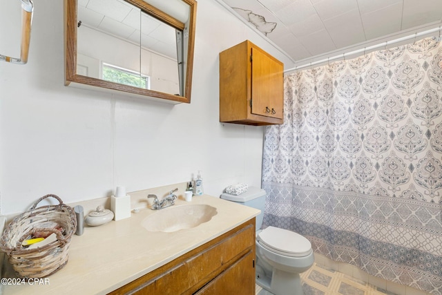 bathroom featuring walk in shower, vanity, and toilet