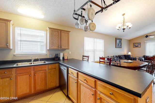 kitchen with sink, stainless steel dishwasher, a textured ceiling, and plenty of natural light