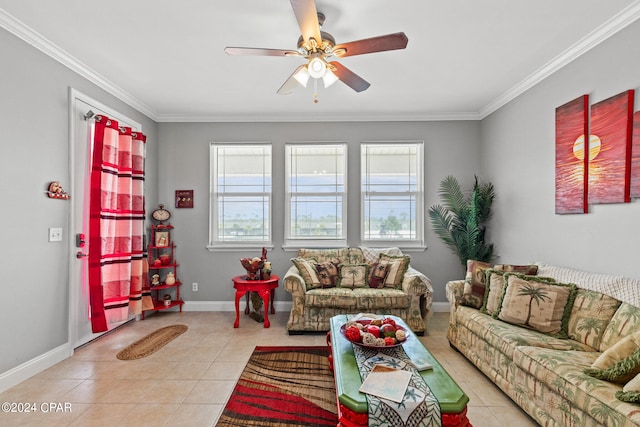 tiled living room featuring crown molding and ceiling fan