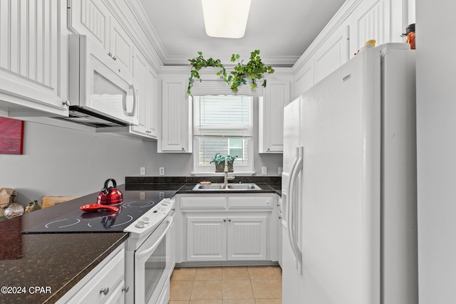 kitchen with crown molding, white appliances, white cabinets, sink, and light tile flooring