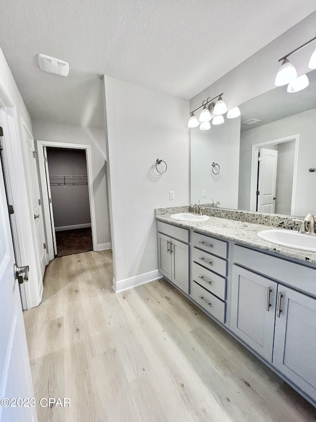 bathroom featuring vanity, wood-type flooring, and a textured ceiling