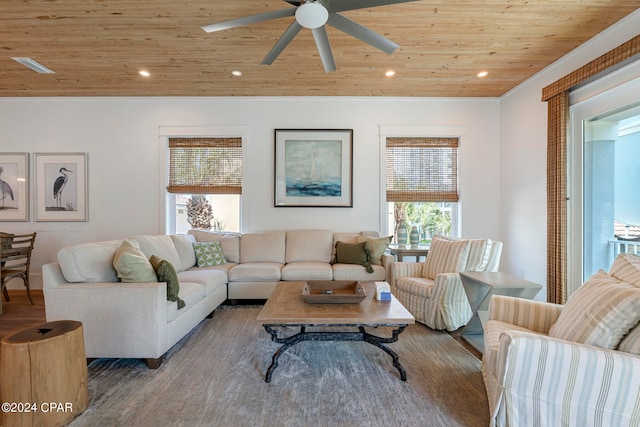 living room with hardwood / wood-style flooring, ceiling fan, and wood ceiling