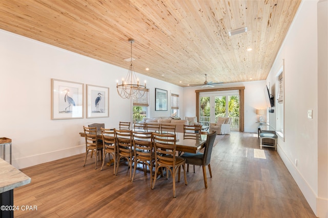 dining area with wooden ceiling, wood-type flooring, and ceiling fan with notable chandelier