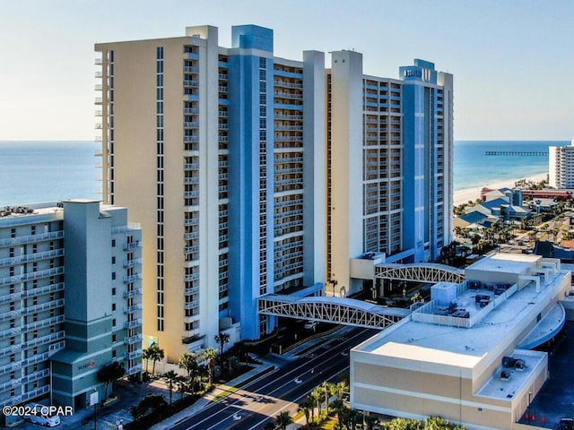 view of building exterior with a water view