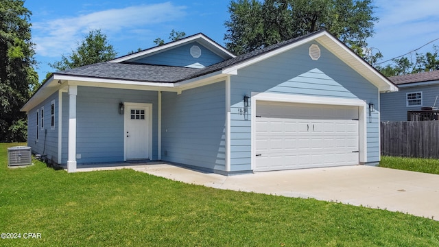 single story home featuring central AC and a front yard