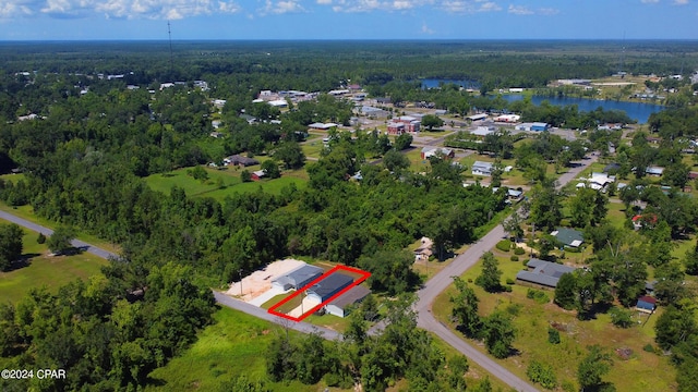 birds eye view of property featuring a forest view and a water view