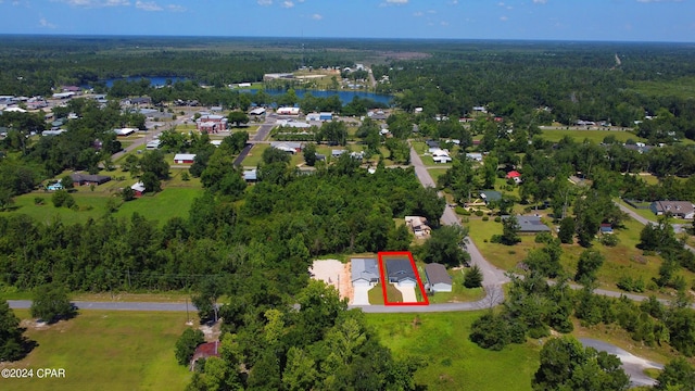 bird's eye view with a water view and a wooded view