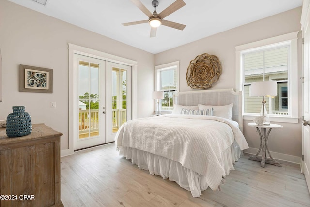 bedroom with access to outside, ceiling fan, and light wood-type flooring