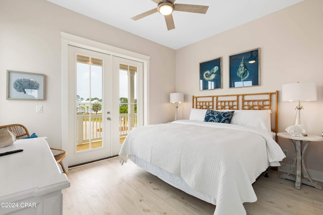 bedroom featuring access to exterior, ceiling fan, french doors, and light wood-type flooring