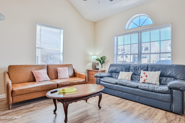 living room featuring light hardwood / wood-style flooring and high vaulted ceiling