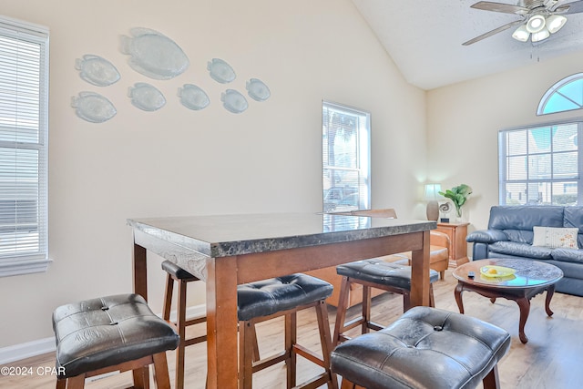 bar featuring vaulted ceiling, ceiling fan, and hardwood / wood-style floors