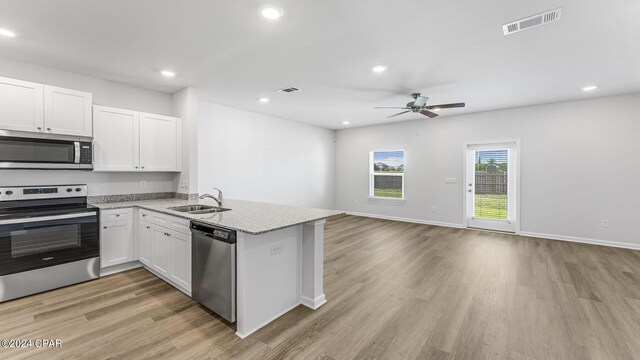 kitchen featuring white cabinetry, kitchen peninsula, stainless steel appliances, sink, and light stone counters