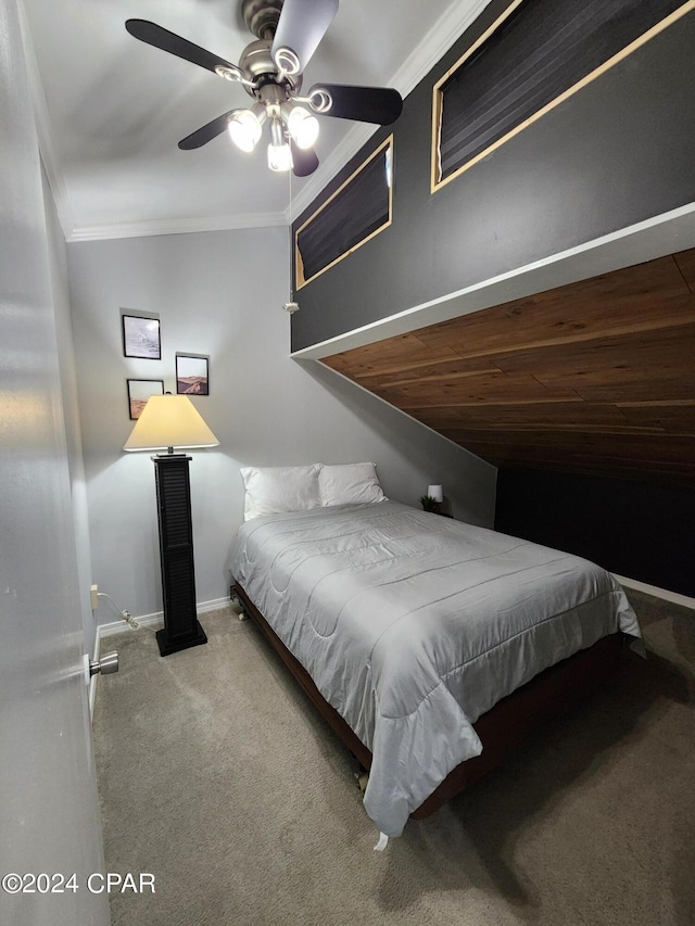 carpeted bedroom with ceiling fan, crown molding, wooden ceiling, and lofted ceiling