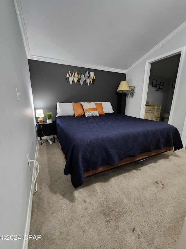 carpeted bedroom featuring connected bathroom and ornamental molding