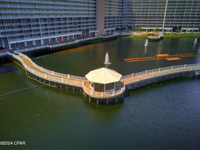 exterior space with a water view