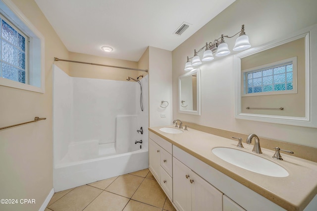 bathroom featuring tile patterned flooring, vanity, and tub / shower combination