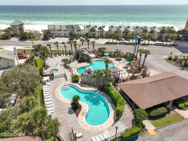 aerial view featuring a water view