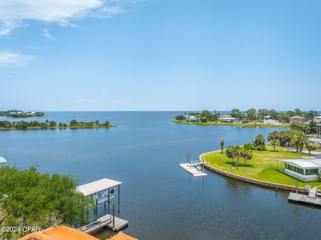 view of water feature with a boat dock