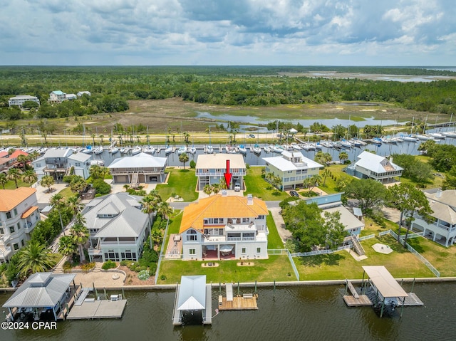 drone / aerial view featuring a water view